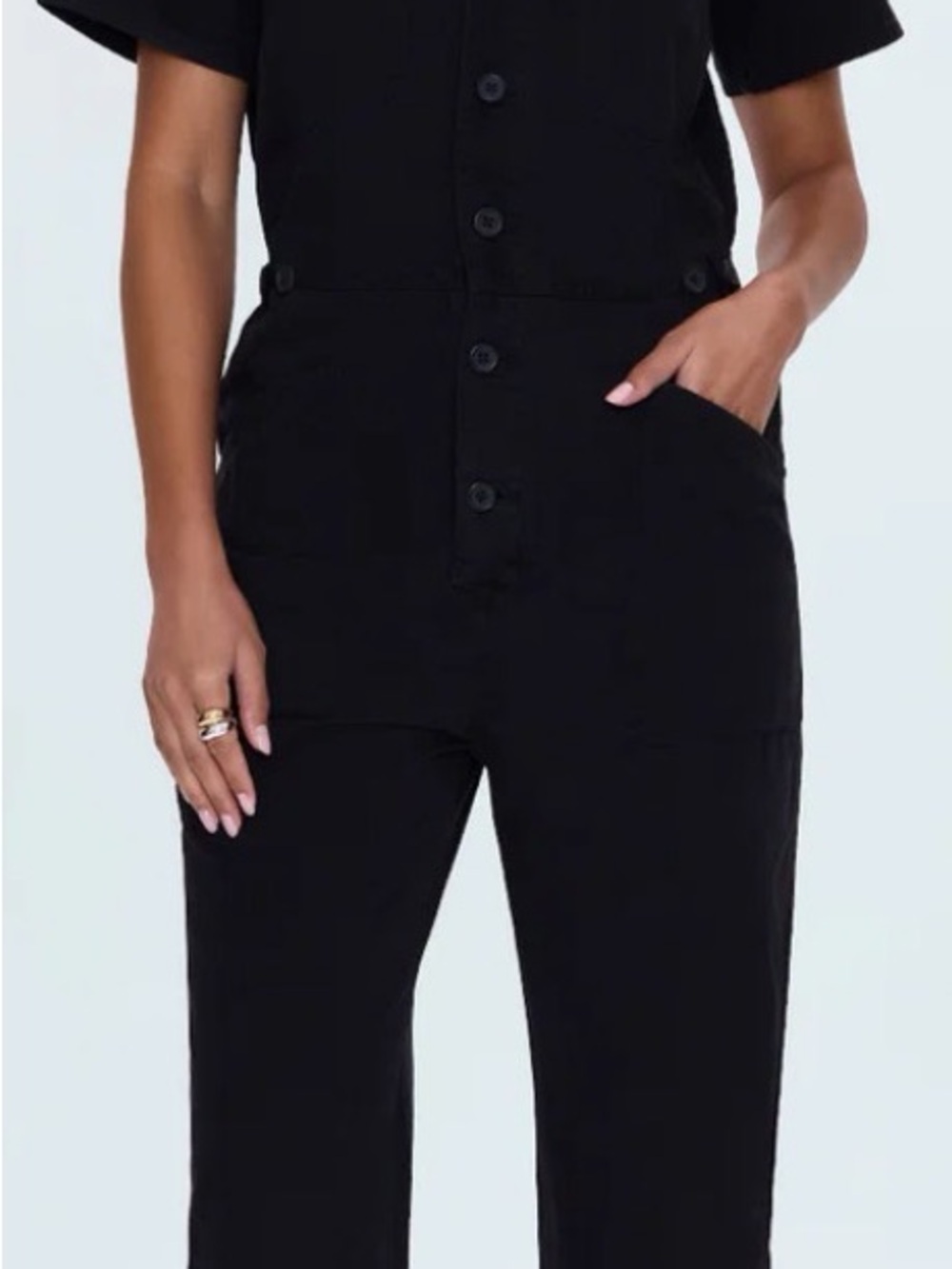 pistola Black Short-Sleeve Button-Front Jumpsuit with Pockets